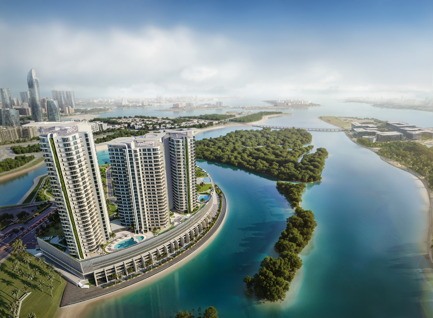 Elegant Radisson Residences tower façade with waterfront skyline backdrop on Al Reem Island Abu Dhabi
