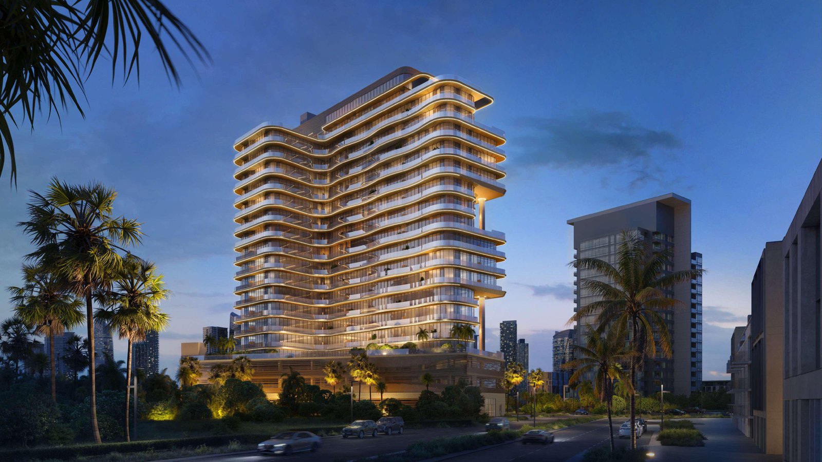 Night view luxury lighting A1LA Residence Al Reem Island Abu Dhabi waterfront community