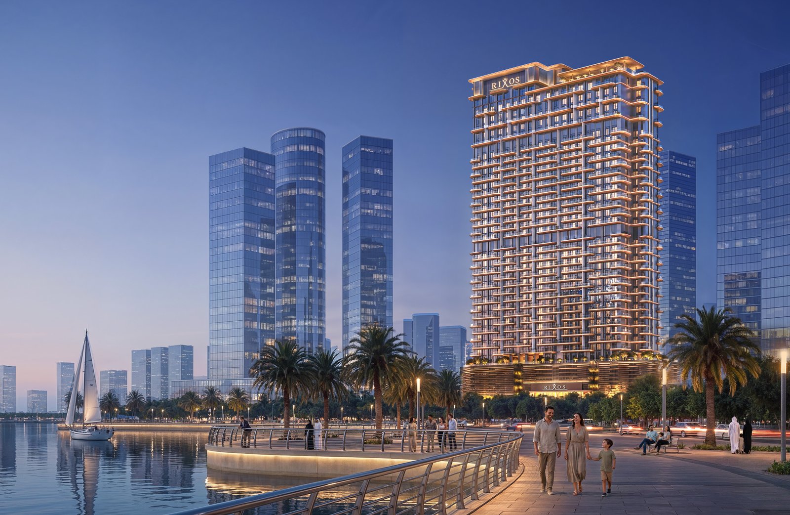 A panoramic exterior view of Rixos Al Reem Residences in Abu Dhabi highlighting its prime coastal location and luxury tower structure.