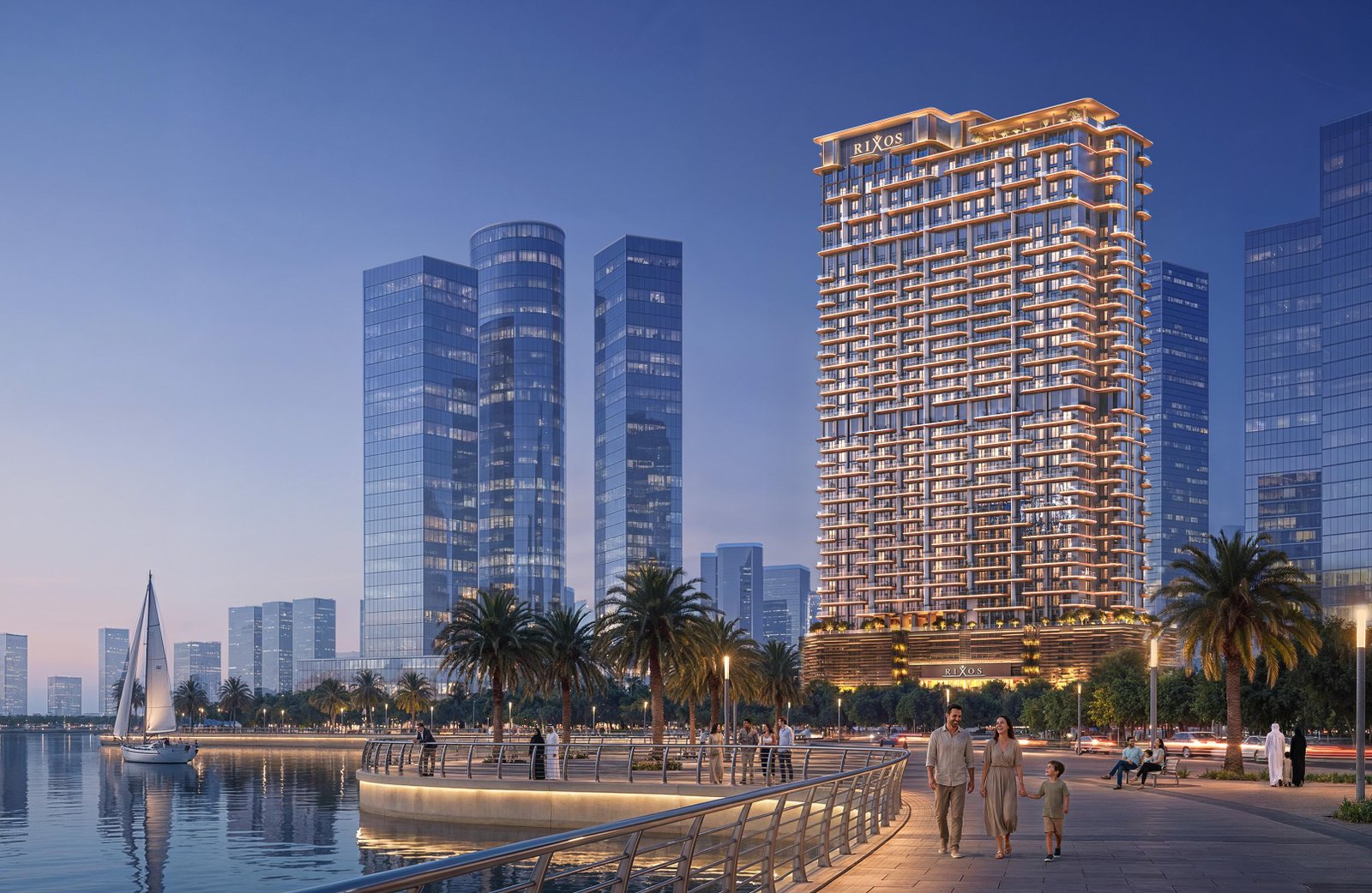 A panoramic exterior view of Rixos Al Reem Residences in Abu Dhabi highlighting its prime coastal location and luxury tower structure.